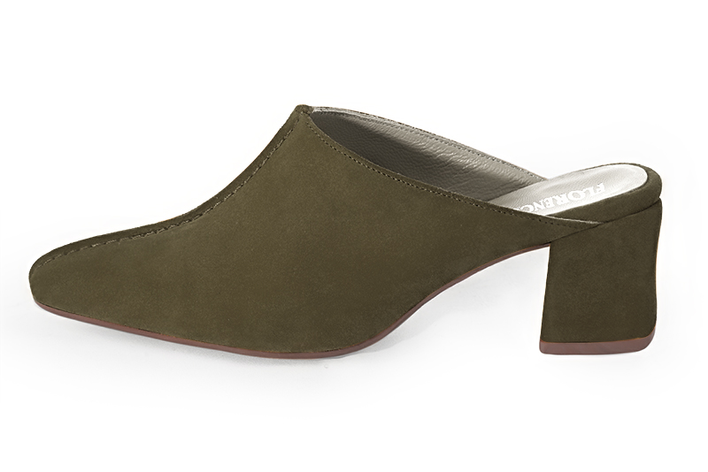 Khaki green women's clog mules. Square toe. Medium block heels. Profile view - Florence KOOIJMAN